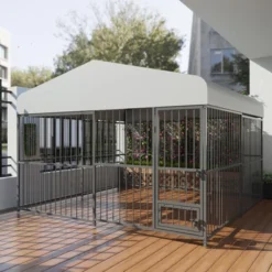 Dog Kennel, 8¡Á4¡Á6FT Large Heavy Duty Outdoor Metal Dog Cage - Weatherproof, Lock, Feeding Bowl & Waterproof Roof (All Breeds)