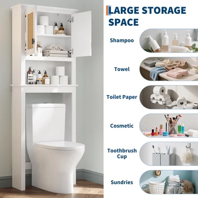63" Over The Toilet Storage Cabinet,Farmhouse Over Toilet Bathroom Organizer With Rattan Doors,Freestanding Wood Above Toilet Storage Cabinet ,White 4 63" Over The Toilet Storage Cabinet,Farmhouse Over Toilet Bathroom Organizer With Rattan Doors,Freestanding Wood Above Toilet Storage Cabinet ,White - Image 2