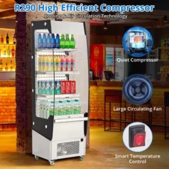Commercial Refrigerator - 7.8 Cu.FT Open Merchandiser With Interior LED Lighting, Double-Layered Glass, 4 Wheels, 110V Floor Fridge