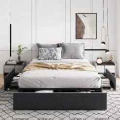 Platform Bed Frame With 3 Storage Drawers, Fabric Upholstered, Wooden Slats Support, No Box Spring Needed, Noise Free, Easy Assembly, Dark Grey -Furniture GUEST 8d0ac7c3 a0a7 4792 85ac ec0a5d8b1e57