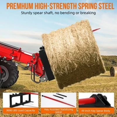 TROPOW 49" Hay Spear Attachment (3000LB Capacity) ¨C Red Main Spear + 2 Black Stabilizers For Skid Steer/Bobcat Loaders 4 TROPOW 49" Hay Spear Attachment (3000LB Capacity) ¨C Red Main Spear + 2 Black Stabilizers For Skid Steer/Bobcat Loaders - Image 2