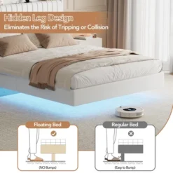 Queen Size Bed Frame With Lights & Charging Station, Upholstered Platform Bed Frame Wth Storage Headboard, 50¡± Tall Headboard, White -Furniture GUEST 8f330c10 98ff 4146 9345 8937d0c835f0