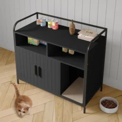 Cat Litter Box Enclosure With Metal Frame And Dual Storage Shelves, Modern Hidden Litter Box Furniture Indoor Cat House, Side Table Style,Black -Furniture GUEST 907cd8a1 b58e 4d3b a39c 8f90e0b41f97
