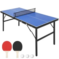 Table Tennis Set, Ping Pong Table Portable - 60x26 Inch With Demountable Net, 2 Paddles, 3 Balls, Waterproof Tabletop For Indoor Outdoor, Blue