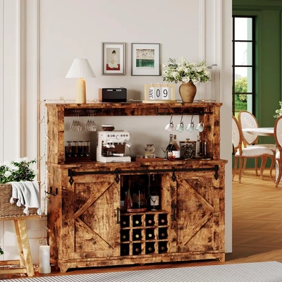 Coffee Bar Cabinet 55", Large Kitchen Hutch,Built-in Power Outlet, Tall Buffet Cabinet With Barn Sliding Door, Wine Glass Rack & Ample Storage 11 Coffee Bar Cabinet 55", Large Kitchen Hutch,Built-in Power Outlet, Tall Buffet Cabinet With Barn Sliding Door, Wine Glass Rack & Ample Storage - Image 9