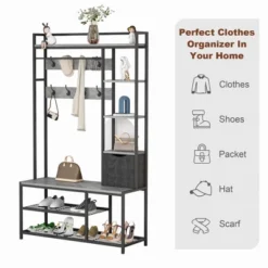 Hall Tree Bench With Storage | 5-in-1 Entryway Bench With Shoe Rack, 12 Hooks & Cabinet | Entryway Organizer For Hallway, Foyer, Mudroom,Grey -Furniture GUEST 949dd85d f7eb 4177 b29c 4ac52d6bee0a