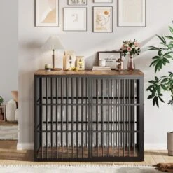 48'' Dog Crate Furniture, 3-in-1 Wooden Dog Kennel With 3 Lockable Doors, Heavy Duty Metal Frame & Sturdy Panels, Large End Table