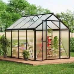 Greenhouse, 6x8 FT Walk-in - Heavy Duty Aluminum Polycarbonate Outdoor Greenhouse With Roof Vent, Sliding Lockable Door, Ground Nails, Black -Furniture GUEST 97e375a6 9dc0 4083 ad59 bfa5d6e4682e