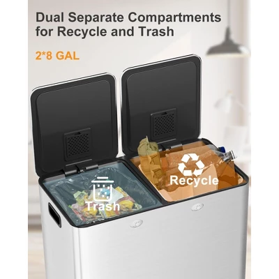 60L/16 Gal Trash Can, Double Compartment Stainless Steel Trash Bin With Removable Basket, Dual Garbage Can With Lid & Step Foot Pedal 6 60L/16 Gal Trash Can, Double Compartment Stainless Steel Trash Bin With Removable Basket, Dual Garbage Can With Lid & Step Foot Pedal - Image 4