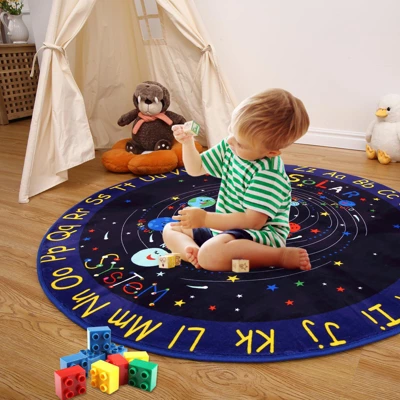 Kids Solar System Rug 4ft Round ¨C Non-Slip Outer Space Play Mat With ABC Alphabet, Ultra Soft Planet Carpet For Nursery, Playroom, Classroom ¨C Blue 4 Kids Solar System Rug 4ft Round ¨C Non-Slip Outer Space Play Mat With ABC Alphabet, Ultra Soft Planet Carpet For Nursery, Playroom, Classroom ¨C Blue - Image 2