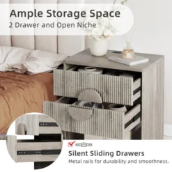 Nightstand Set Of 2 Wide Fluted Nightstand With Charging Station, Wood Nightstand With 2 Drawers And Open Shelves, Modern Night Stand -Furniture GUEST 9d3934de ed2c 47df 9d4a ca40c6c1c9a6