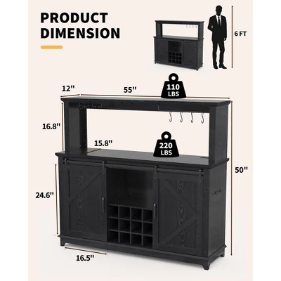 Coffee Bar Cabinet 55", Large Kitchen Hutch,Built-in Power Outlet, Tall Buffet Cabinet With Barn Sliding Door, Wine Glass Rack & Ample Storage 3 Coffee Bar Cabinet 55", Large Kitchen Hutch,Built-in Power Outlet, Tall Buffet Cabinet With Barn Sliding Door, Wine Glass Rack & Ample Storage
