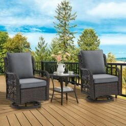 3 Piece Outdoor Patio Set, Wicker Rocking Bistro Set With 2 Swivel Chairs & Tempered Glass Top Table -Furniture GUEST 9e9ce1c2 0510 4f7a ac88 29e455bcbf19