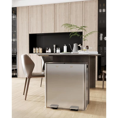 60L/16 Gal Trash Can, Double Compartment Stainless Steel Trash Bin With Removable Basket, Dual Garbage Can With Lid & Step Foot Pedal 3 60L/16 Gal Trash Can, Double Compartment Stainless Steel Trash Bin With Removable Basket, Dual Garbage Can With Lid & Step Foot Pedal