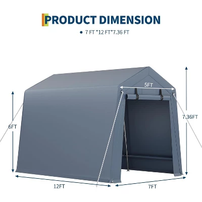 Storage Shed, Portable Carport 7x12FT - Outdoor With Roll-up Zipper Door, Windows, Waterproof Tarp For Motorcycle, Bike, Garden Tools 6 Storage Shed, Portable Carport 7x12FT - Outdoor With Roll-up Zipper Door, Windows, Waterproof Tarp For Motorcycle, Bike, Garden Tools - Image 4