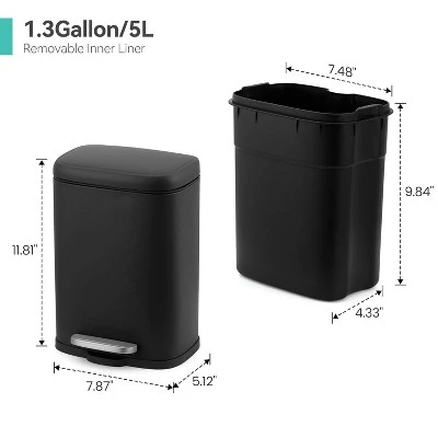 1.3 Gallon Waterproof Bathroom Trash Can With Soft Close Lid & Removable Inner Bucket, 5 Liter Stainless Steel Garbage Can, Compact Waste Constainer 4 1.3 Gallon Waterproof Bathroom Trash Can With Soft Close Lid & Removable Inner Bucket, 5 Liter Stainless Steel Garbage Can, Compact Waste Constainer - Image 2
