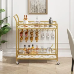 Gold Bar Carts With 2-Tiers Storage Shelves£¬Mobile Kitchen Seving Carts On Wheels
