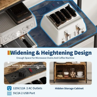 Kitchen 5 Tier Bakers Rack, Standing Coffee Bar Microwave Stand Rack With Power Outlet And Storage Cabinet Shelves, Brown 5 Kitchen 5 Tier Bakers Rack, Standing Coffee Bar Microwave Stand Rack With Power Outlet And Storage Cabinet Shelves, Brown - Image 3