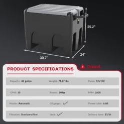 Diesel Tank, Portable Fuel Tank - 48 Gallon With 12V Electric Transfer Pump (10 GPM), 13Ft Hose & Auto Nozzle For Easy Fuel Transportation