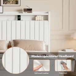 Queen Size Bed Frame With Lights & Charging Station, Upholstered Platform Bed Frame Wth Storage Headboard, 50¡± Tall Headboard, White -Furniture GUEST a1d9f557 df36 4cf5 afbf 398947fde65b