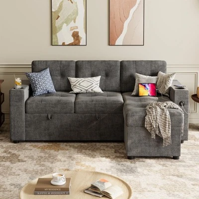 Sofa Bed, 84 Inch Sleeper Sofa With Pull Out Bed And Charging Ports, L Shaped Couches For Living Room With 2 Storage Armrests And 2 Cup Holders 3 Sofa Bed, 84 Inch Sleeper Sofa With Pull Out Bed And Charging Ports, L Shaped Couches For Living Room With 2 Storage Armrests And 2 Cup Holders