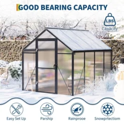 Greenhouse, 6x8 FT Walk-in - Heavy Duty Aluminum Polycarbonate Outdoor Greenhouse With Roof Vent, Sliding Lockable Door, Ground Nails, Black -Furniture GUEST a41545a4 0d38 4252 ad08 b0aaa75826ce