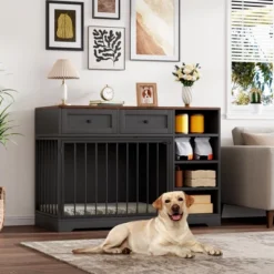 Dog Crate Furniture 47”, Large Dog Crate TV Stand With 2 Drawers And 4 Shelves, Wooden Dog Kennel Indoor, Decorative Dog Cage With Storage -Furniture GUEST a7310860 8e9b 41aa 97cd f8f7f2ea8539