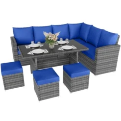 7 Piece Outdoor Patio Furniture Set, Rattan Deck Sectional Conversation Sofa Set With Dining Table, All-Weather 9 Seating Patio Sofa , Porch -Furniture GUEST a7384d0e 467a 48f9 b00a e593e3211453
