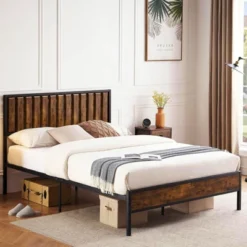 Bed Frame With Headboard Footboard Rustic Wood Farmhouse Platform Metal Wrought Rod Slat Bedframe, No Box Spring Needed, Easy Assembly -Furniture GUEST a8ab89de 6532 4ade 9603 4da7f541e81f