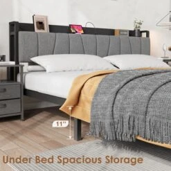 Bed Frame With Storage Headboard, Industrial Full Platform Bed With 2 Large Drawers And Charging Station, Black -Furniture GUEST aa414555 2488 49e3 8a59 0ada22e46ddc