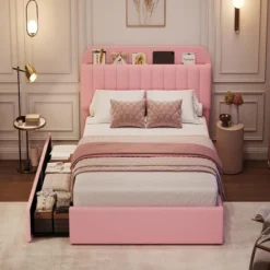 Bed Frame With Storage Headboard, Kids Bed Frame With 2 Drawers, Boucle Upholstered Platform Bed With Bookcase -Furniture GUEST ab00e5b6 3281 42e1 9c8e 92b99905c6aa