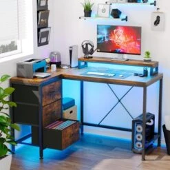43 Inch Computer Desk, L Shaped Desk With Power Outlets And Led Lights, 3-Drawer Gaming Desk With Storage Shelves And Monitor Stand -Furniture GUEST abfb9a35 f101 40df 8c91 34fcf8da6320