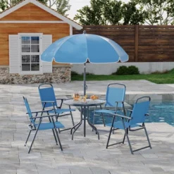 6 Pieces Outdoor Dining Set With Umbrella, Patio Table And 4 Folding Chairs With Umbrella, Garden Patio Furniture Set With Umbrellas, Tempered Glass -Furniture GUEST ac56bd85 d54b 49af be14 23c295847824