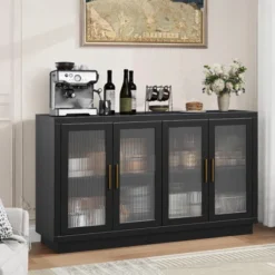 TROPOW Sideboard Buffet Cabinet With Storage, Large Sideboard Cabinet With 4 Fluted Glass Doors, Adjustable Shelf