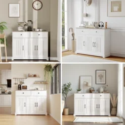 56" Large Sideboard Buffet Cabinet With Storage, Wooden Kitchen Storage Cabinet With Adjustable Shelf, Drawers & Barn Doors, Coffee Bar Buffet Table -Furniture GUEST ad0059d3 30aa 4584 9c79 eb0f9b2dd237