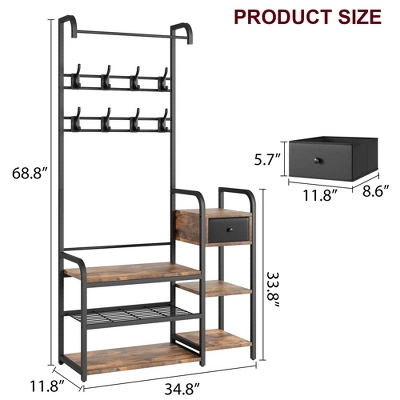 3-in-1 Hall Tree Coat Rack With Shoe Storage And Drawer, Heavy-Duty Steel Frame Entryway Bench, Multifunctional Mudroom Organizer 4 3-in-1 Hall Tree Coat Rack With Shoe Storage And Drawer, Heavy-Duty Steel Frame Entryway Bench, Multifunctional Mudroom Organizer - Image 2