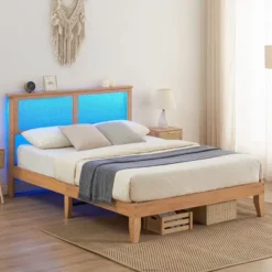 Bed Frame With Natural Rattan Headboard, Platform Queen Bed Frame With Lights, Mattress Foundation, Noise-Free -Furniture GUEST aea10a6a 3df5 4e3f b47d b3b6e91e3aab