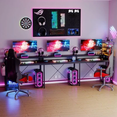 U Shaped Desk, 126 Inch Gaming Desk With Monitor Stand And LED Lights, Reversible Shaped Large Computer Desk With Power Outlets, Office Desk 3 U Shaped Desk, 126 Inch Gaming Desk With Monitor Stand And LED Lights, Reversible Shaped Large Computer Desk With Power Outlets, Office Desk
