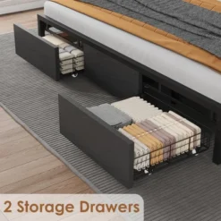 Bed Frame With Storage Headboard, Industrial Full Platform Bed With 2 Large Drawers And Charging Station, Black -Furniture GUEST b6182a27 57fa 442d b6cc ce13bb737e57