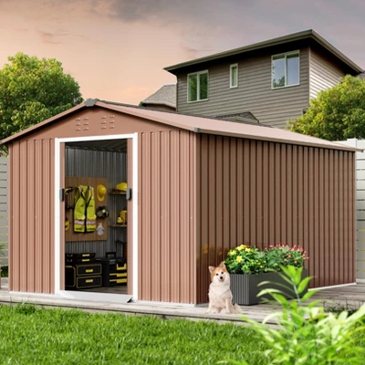 TROPOW 8x12 FT Outdoor Storage Shed, Metal Garden Shed With Lockable Door,and Sloped Roof, Utility Metal Tool Storage Sheds For Backyard, Brown 9 TROPOW 8x12 FT Outdoor Storage Shed, Metal Garden Shed With Lockable Door,and Sloped Roof, Utility Metal Tool Storage Sheds For Backyard, Brown - Image 7