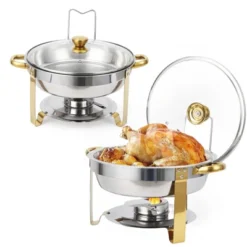 MilleLoom Chafing Dish Buffet Set , 5QT Food Servers And Warmers Stainless Steel Round Chafing Dishes With Glass Lid & Lid Holder For Parties