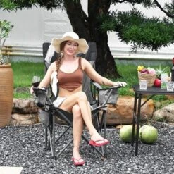 Oversized Padded Camping Chairs, Hevy Duty Folding Camp Chair - Comfortable Camping Chair With High Back & Pillow, 2 Pack