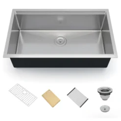 Kitchen Sink Undermount Stainless Steel 304 Single Bowl With Workstation Ledge, Handcrafted Brushed Sink Kit