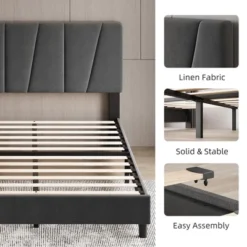 Bed Frame With Adjustable Headboard, Linen Upholstered Platform Bed Frame With Strong Wooden Slats, Mattress Foundation -Furniture GUEST ba803f80 fe8f 42a6 803b cddd03c47c24