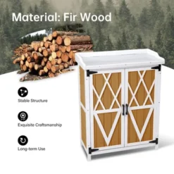 Potting Bench, Outdoor Garden Work Bench With Metal Top - Waterproof Storage Cabinet For Backyard, Patio, Wood Color -Furniture GUEST ba9141ff d596 4fb9 afa9 dbbbc0ee9442