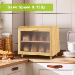 Bread Box, Double Layer Bamboo Kitchen Countertop Storage - Farmhouse Container With Window, Large Capacity For Bread, Rolls (Natural & Gold) -Furniture GUEST baf20f23 7785 4796 9f3b f0b38b82fae4
