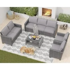 Patio Furniture Sets 6 Pieces, PE Wicker Modern Patio Conversation Set With Storage Cushions