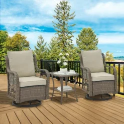 3 Piece Outdoor Patio Set, Wicker Rocking Bistro Set With 2 Swivel Chairs & Tempered Glass Top Table -Furniture GUEST be50749d 1d3d 4a1b 9f1f d769de0dbc99