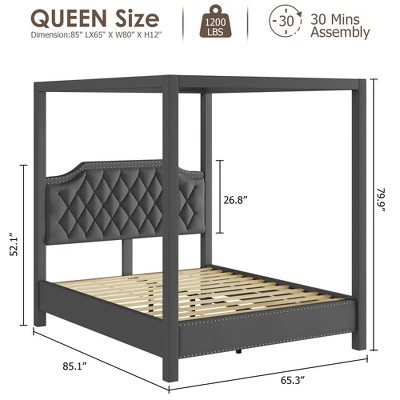 Upholstered Canopy Bed Frame Full Size With Headboard, Button Tufted, Nailhead Trim Design, No Box Spring Required 9 Upholstered Canopy Bed Frame Full Size With Headboard, Button Tufted, Nailhead Trim Design, No Box Spring Required - Image 8