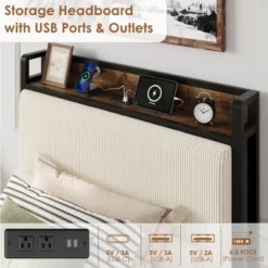 Twin Size Bed Frame With 2 Storage Drawers And Charging Station, Rustic Velvet Upholstered Platform Bedframe With Storage Headboard -Furniture GUEST bea6cd05 1878 4336 990e 3c638e5ad1cf
